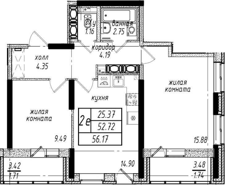 2-комнатная квартира 56.17 м², 24/25 эт., ЖК «Северная Долина»